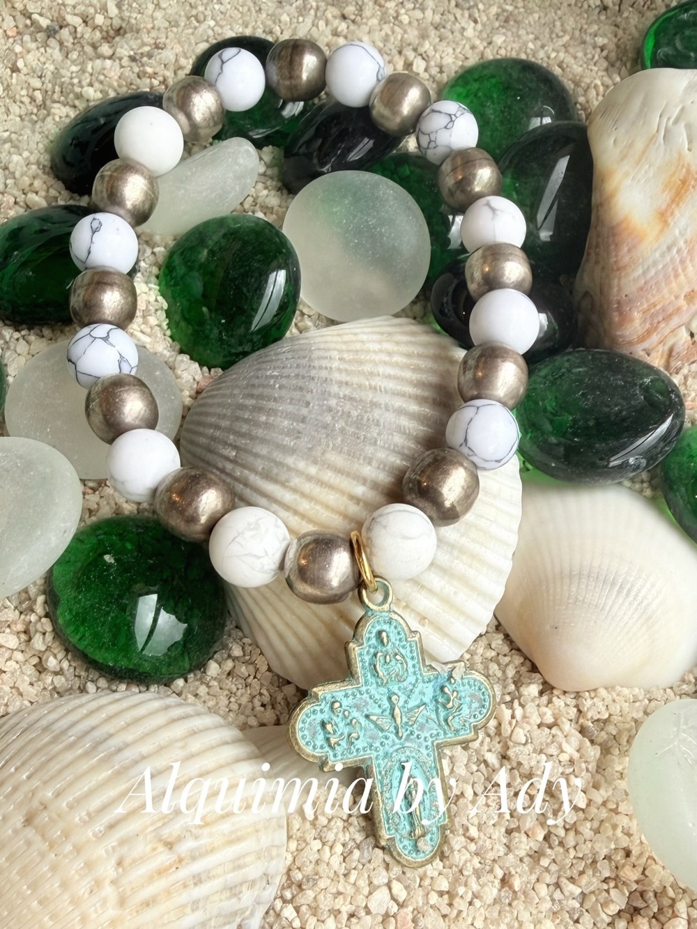 Patina White Howlite and Bronze-Bead Bracelet with Turquoise Cross Charm